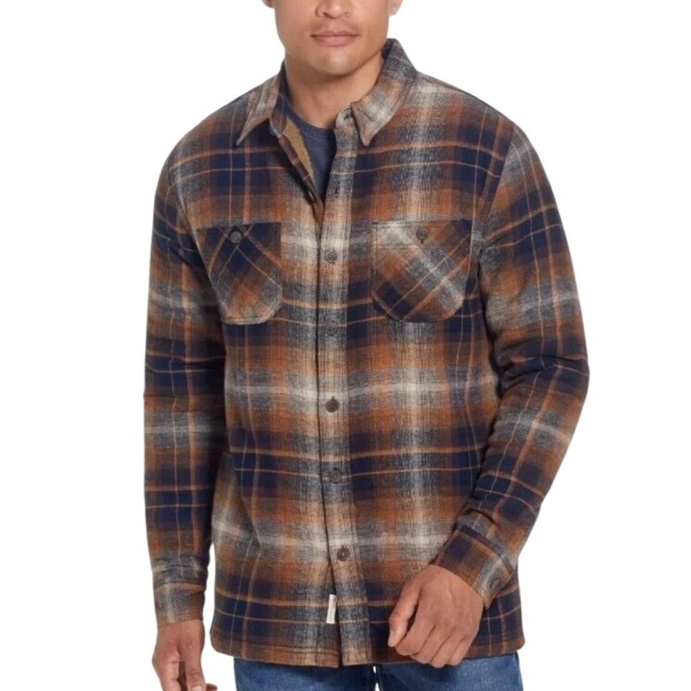 Weatherproof Vintage Mens Sherpa Lined Plaid Flannel Shirt Jacket Brown Navy M
